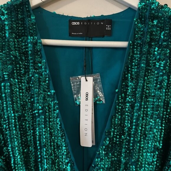 Asos Edition Sequin Wrap Long Sleeve Tie Waist Mini Dress in Teal Green - Picture 9 of 13